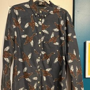All saints Men’s Tribal Geese Button Down Cotton Navy Duck rare shirt medium